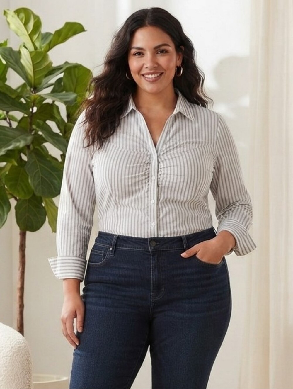 Lane Bryant Size 24 Silver, White, and Gray Striped Shirt